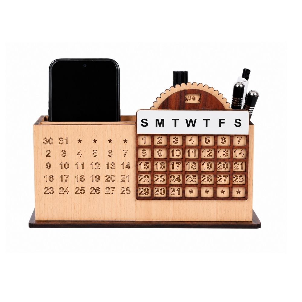 Wooden Desktop Organizer with Slide Calendar | Customized Corporate Gift