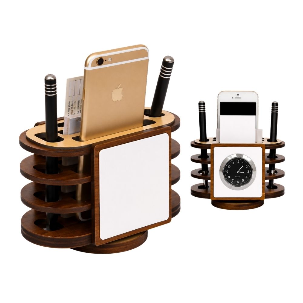 Wooden Revolving Desktop Organizer with Clock | Customized Corporate Gift
