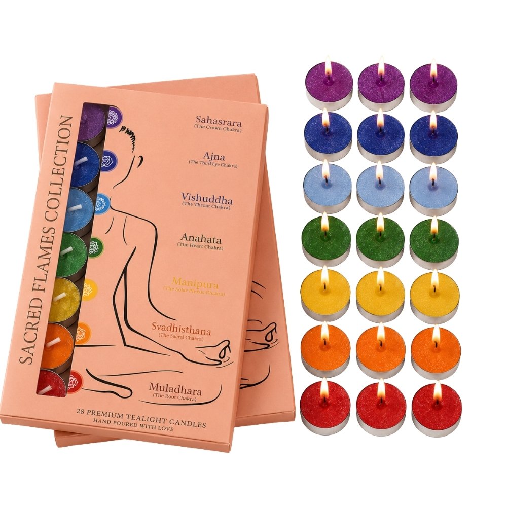 Sacred Flames Chakra Tealight Candle Set of 28 – Candles for Corporate Gifts