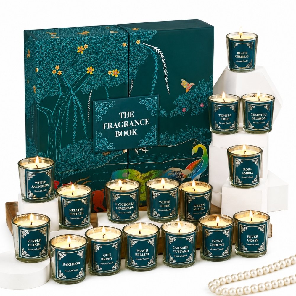 The Fragrance Book – 16 Glass Candle Gift Set | Candles for Corporate Gifts