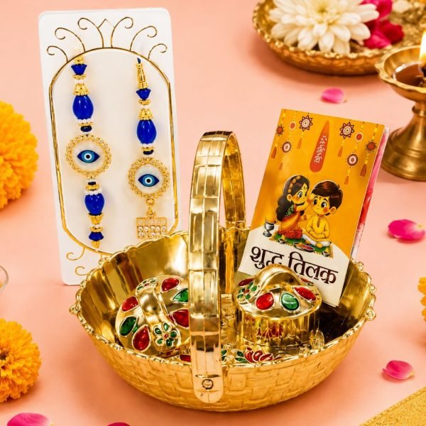 Decorativebhaiya bhabhi Rakhi gift hamper with designer rakhi and festive essentials in an elegant gift tray for corporate gifting and Raksha Bandhan.