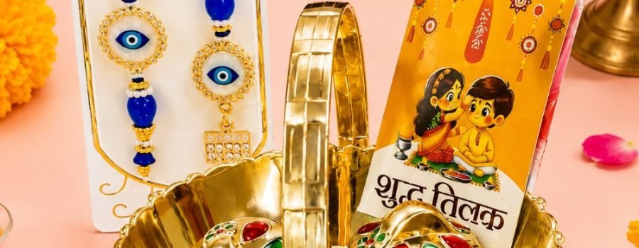Decorativebhaiya bhabhi Rakhi gift hamper with designer rakhi and festive essentials in an elegant gift tray for corporate gifting and Raksha Bandhan.